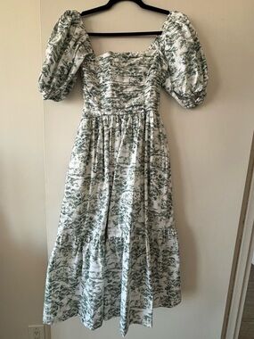 🤍🌿 Abercrombie & Fitch Green Toile Puff Sleeve Midi Dress | Size XS